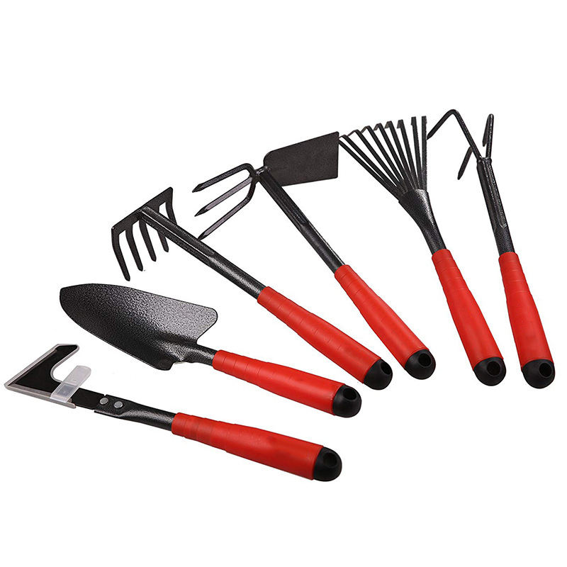 Six-piece stainless garden hand set with trowel, fork and transplanter
